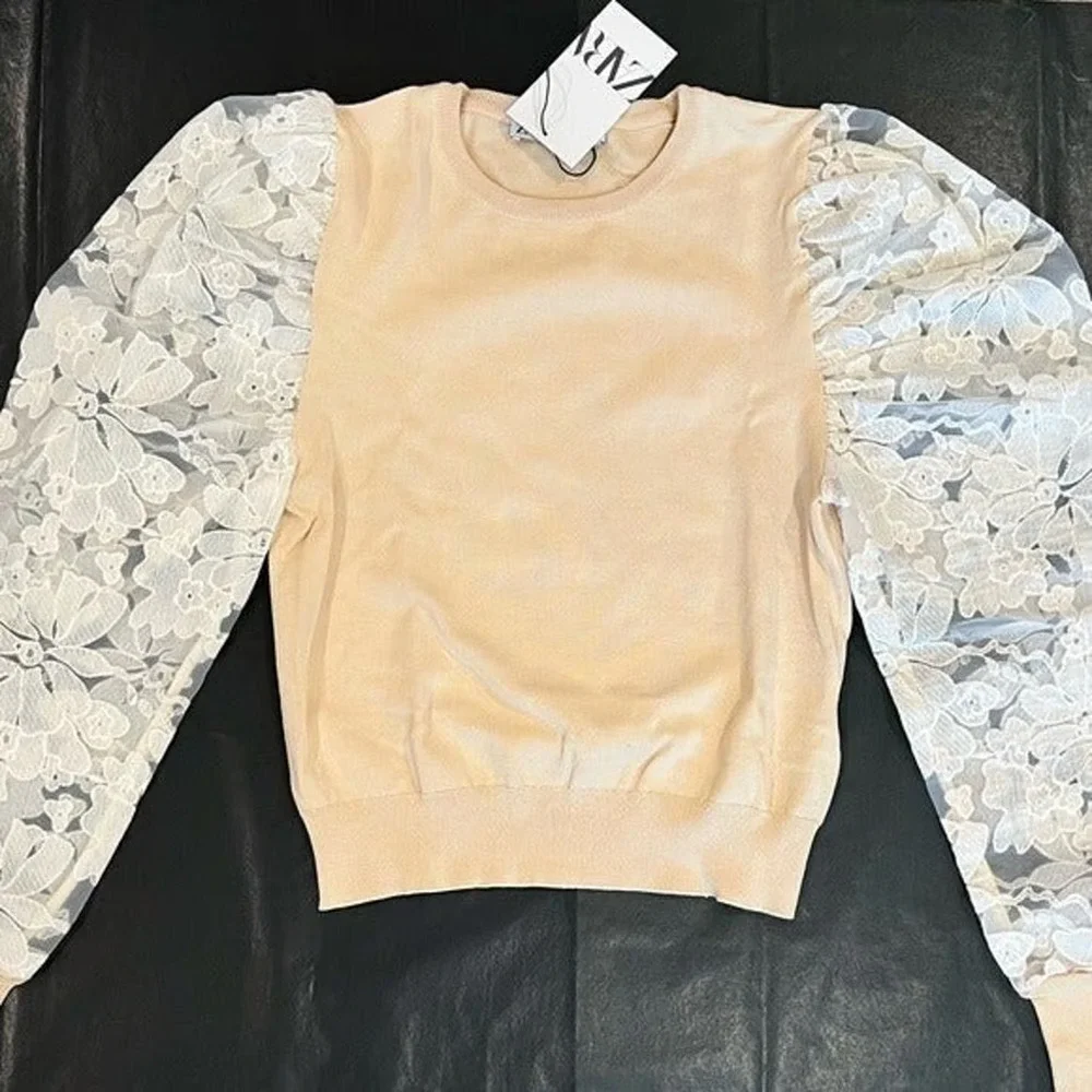 ZARA Beige Knit Sweater Top NWT Floral Lace Puff Sleeve Romantic Blouse L